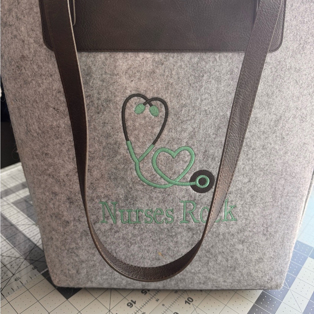 Thirty-One Gray and Brown Tote with Green Embroidery